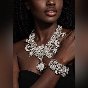 Silver Celestial Statement Necklace & Charm Bracelet Set